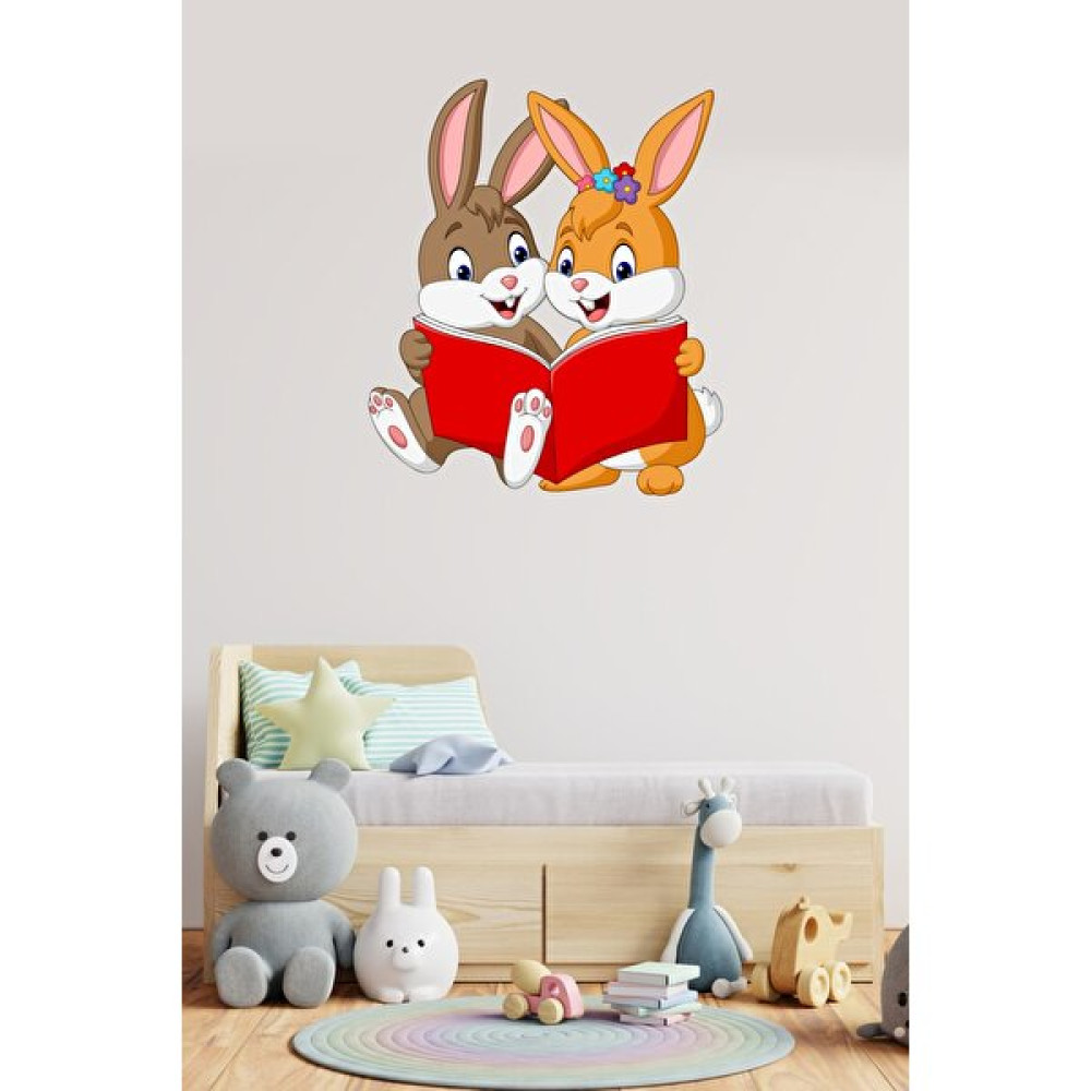 Çok Indırımlı Kitap Okuyan Sevimli Tavşanlar Duvar Sticker - 45 x 38 cm - Renkli Sticker Fiyatı