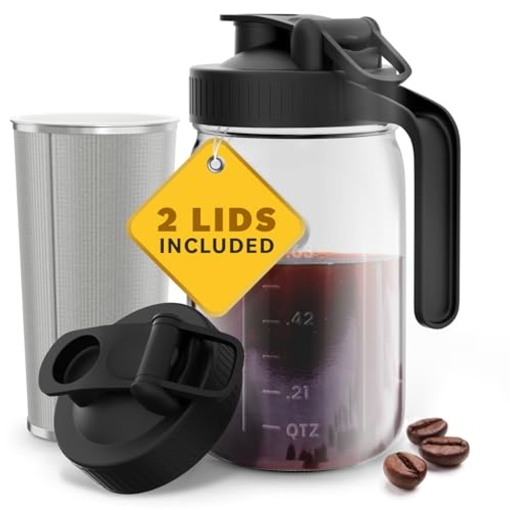 Cold Brew Coffee Maker with Heavy Duty Glass Body & 2 Lids - Iced Tea Machines with Stainless Steel Filter - Iced Coffee Maker - Cold Brew Mason Jar Pitcher with Flip Cap Lid (32 oz / 1 quart, Black)