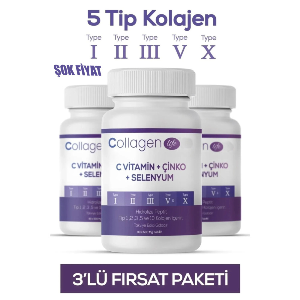 COLLAGEN LIFE 5 Tip Kolajen Tip 1 Tip 2 Tip 3 Tip 5 Tip 10 3 Adet Sağlık Fiyatı