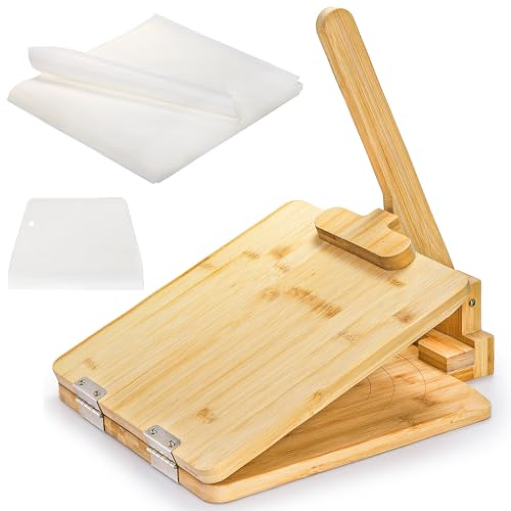 Coloch Bamboo Tortilla Press 10 Inch, Large Tortilla Maker with 60 PCS Parchment Paper and Dough Scraper, Square Mexican Tortilla Presser for Tortilla Making, Burritos, Taco, Roti