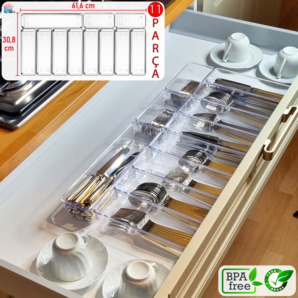 Color House 11'li Set Modüler Kaşıklık Mutfak Çekmece Içi Organizer Şeffaf Clear Çatal Bıçak Kaşık Düzenleyici Dolap İçi Düzenleyici Fiyatı