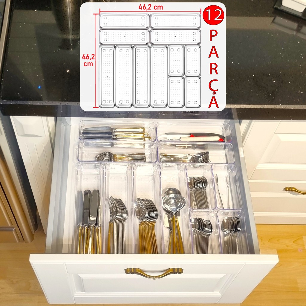 Color House 12'li Set Modüler Kaşıklık Mutfak Çekmece Içi Modüler Şeffaf Clear Moduler Organizer Diğer Fiyatı
