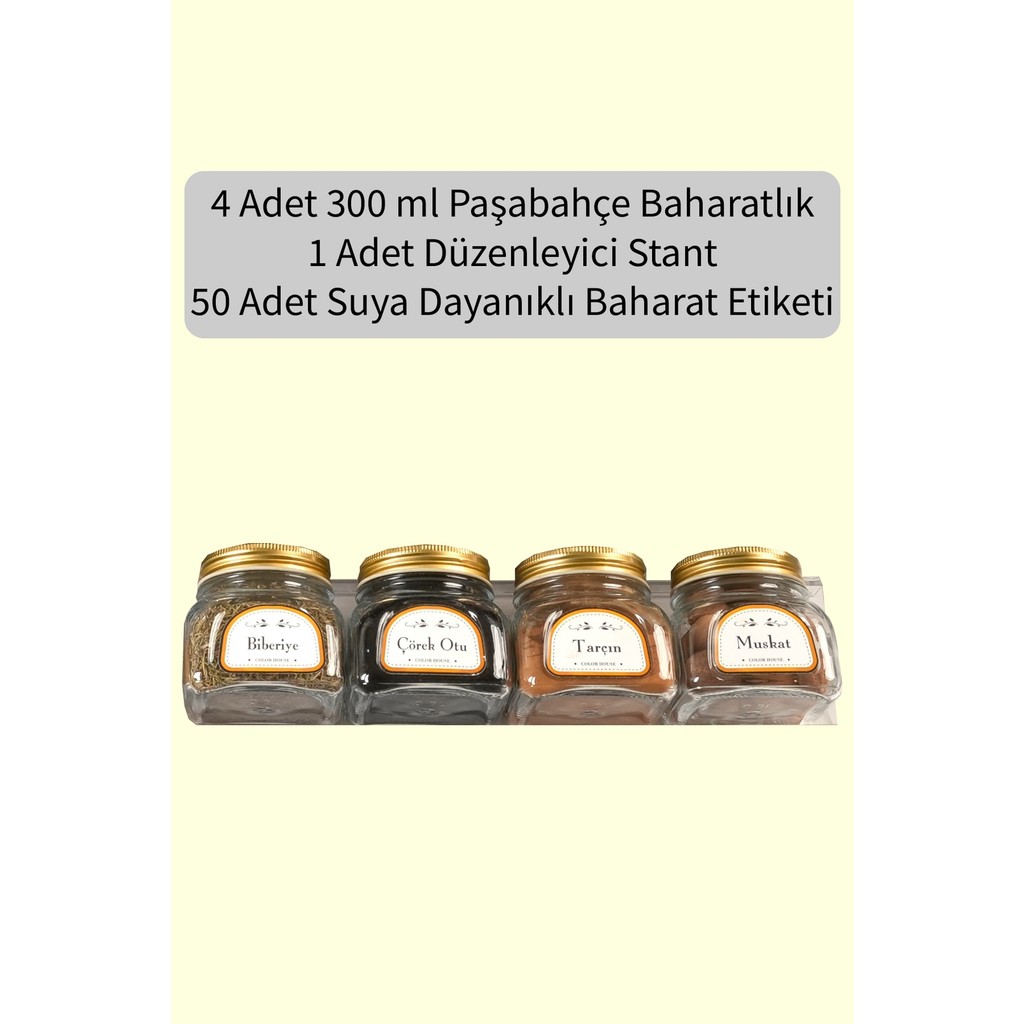 Color House 4 Adet 300ML Paşabahçe Baharatlık Kavanoz ve 1 Adet Düzenleyici Pleksi Stant Tuz, Şeker, Baharat Fiyatı