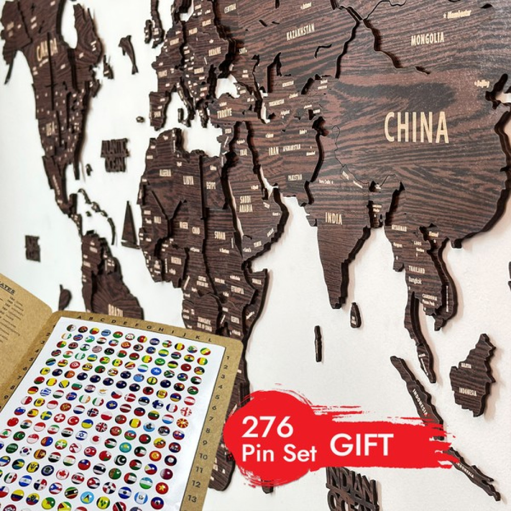 Colorfull Worlds 3 Boyutlu Ahşap Dünya Haritası, Ahşap Duvar Dekoru, Duvar Dekorasyon - Koyu Kahverengi - 100 x 60 cm Harita & Küre Fiyatı