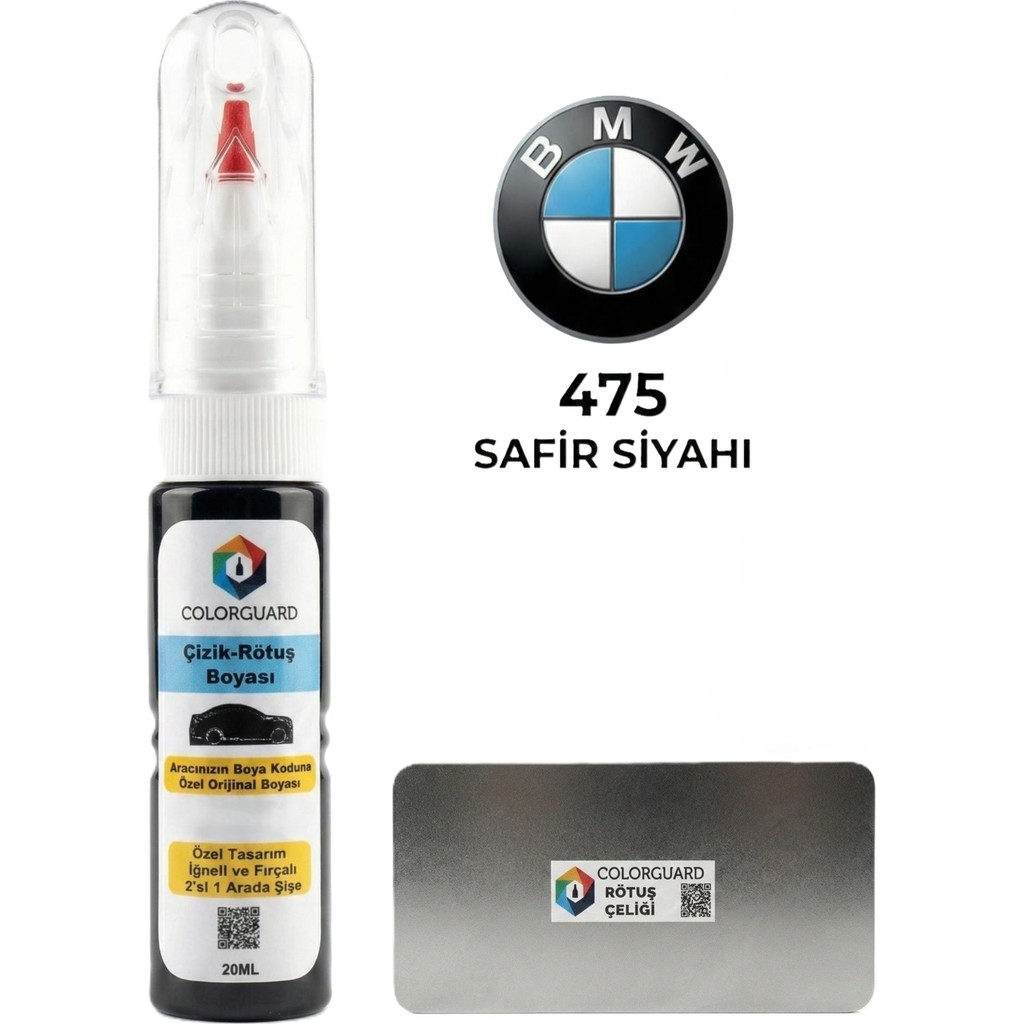 COLORGUARD BMW 475 Safir Siyahı İğneli ve Fırçalı Özel Tasarım Şişe Rötuş Boyası ve Profesyonel Rötuş Çeliği Seti - BMW 475 Safir Siyah Oto Boyaları Fiyatı