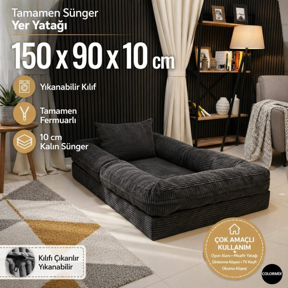 Colormix Çocuk Yer Yatağı 150X90 cm Yıkanabilir Kılıf Fermuarlı Minder Yatak - Antrasit Yatak Fiyatı