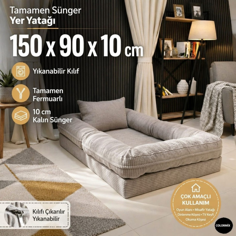 Colormix Çocuk Yer Yatağı 150X90 cm Yıkanabilir Kılıf Fermuarlı Minder Yatak - Gri Yatak Fiyatı