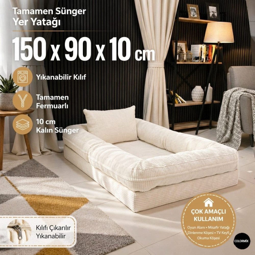 Colormix Çocuk Yer Yatağı 150X90 cm Yıkanabilir Kılıf Fermuarlı Minder Yatak - Krem Yatak Fiyatı