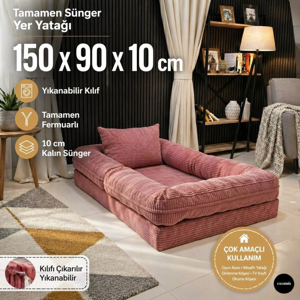 Colormix Çocuk Yer Yatağı 150X90 cm Yıkanabilir Kılıf Fermuarlı Minder Yatak - Pudra Yatak Fiyatı