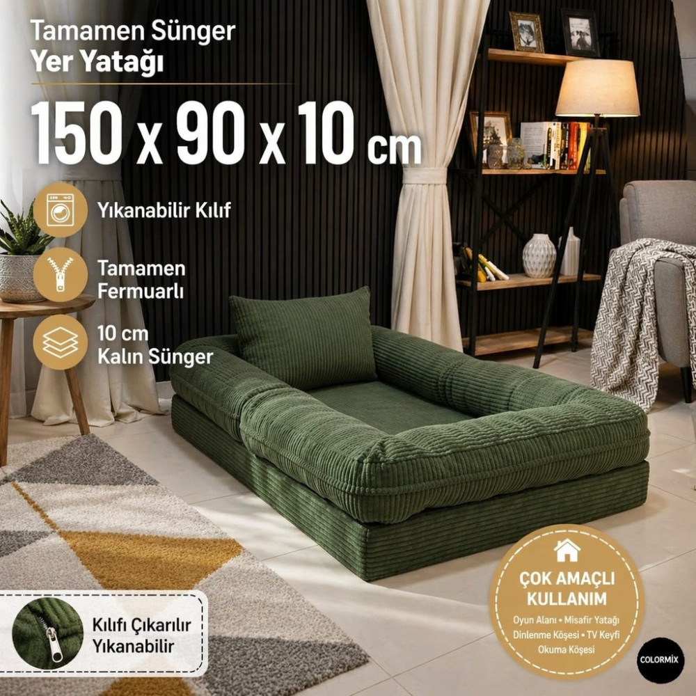 Colormix Çocuk Yer Yatağı 150X90 cm Yıkanabilir Kılıf Fermuarlı Minder Yatak - Yeşil Yatak Fiyatı