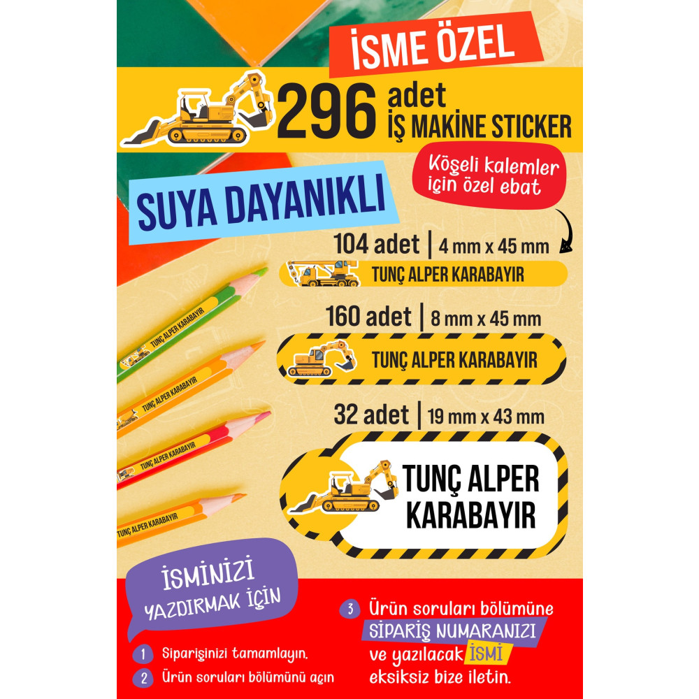 colortouch 296 ADET İş Makine Serisi Okul Etiketi Kalem Etiketi Defter Etiketi Kişiye Özel İsim Etiketi Etiket Fiyatı