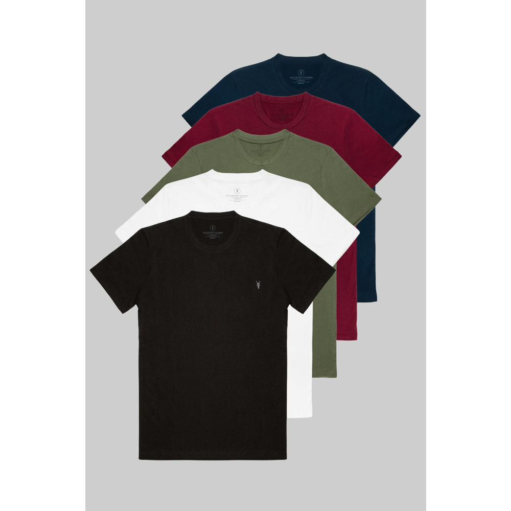 COMBİNE MİCHAİL Erkek Siyah Beyaz Haki Bordo Lacivert %100 Pamuklu Bisiklet Yaka 5 Li T-shirt Paketi L Beden Bayan T-shirt Fiyatı