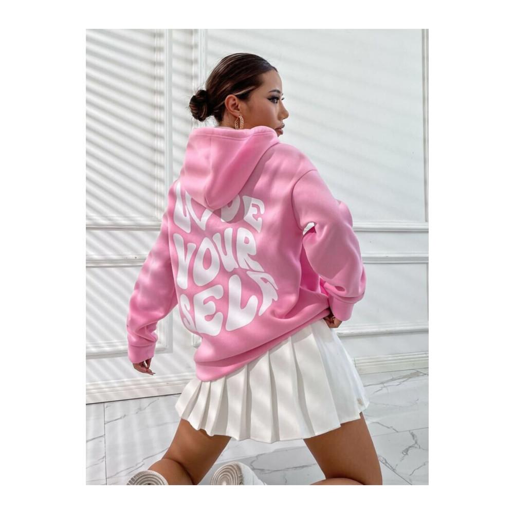 Combineman35 Kadın Pembe Love Yourself Baskılı Oversize Kapüşonlu Sweatshirt L Beden Bayan Sweatshirt Fiyatı