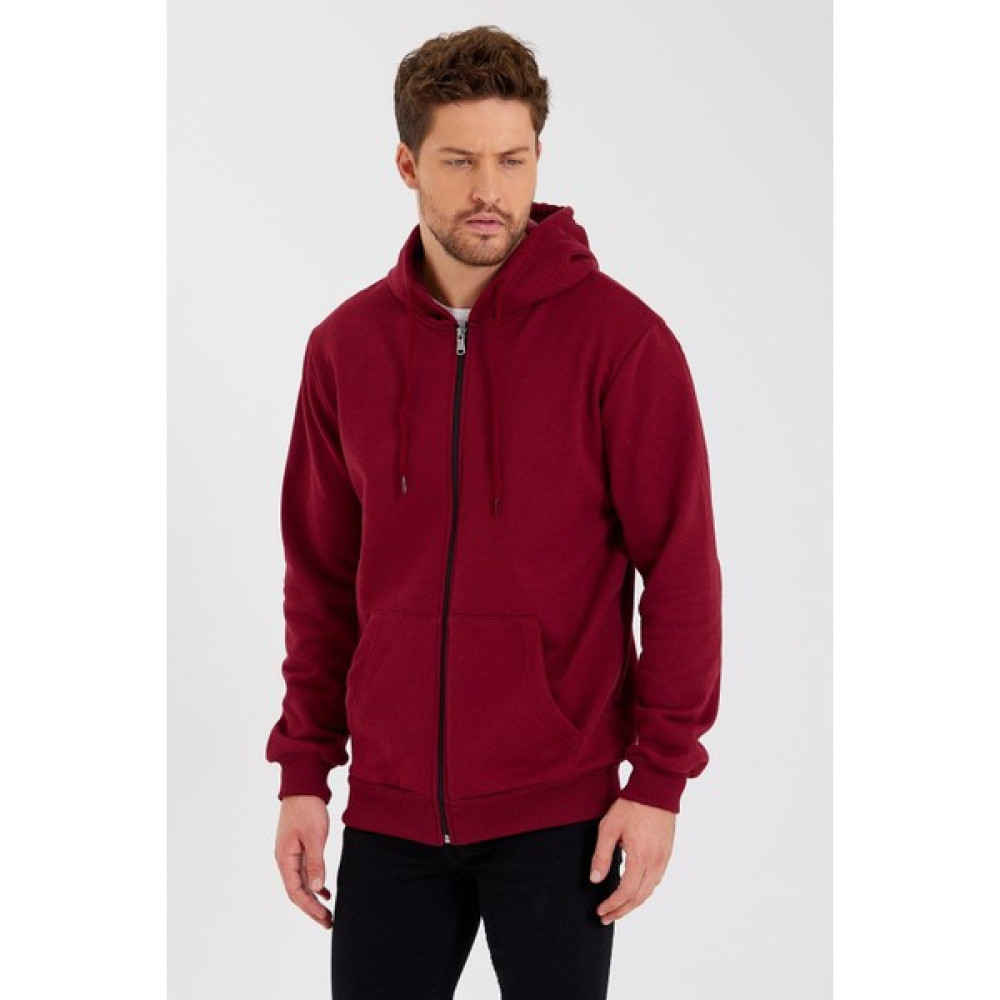Comeor Bordo Kanguru Cepli Kapüşonlu Fermuarlı İçi Pamuklu Erkek Sweatshirt Erkek Hırkalar Fiyatı