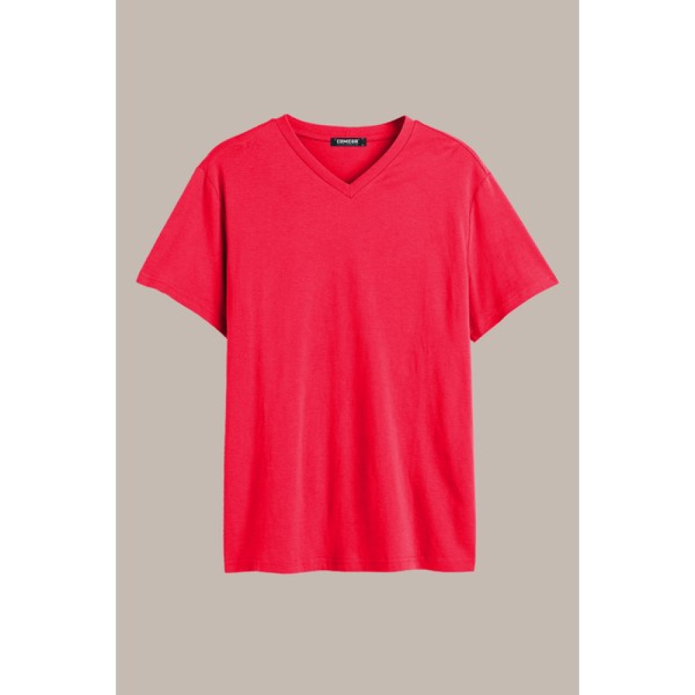 Comeor Erkek Kırmızı Basıc Slim Fit Pamuklu Kısa Kollu V Yaka T-Shirt Erkek T-shirt Fiyatı
