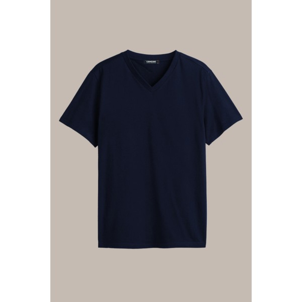 Comeor Erkek Lacivert Basic Slim Fit Pamuklu Kısa Kollu V Yaka T-Shirt Erkek T-shirt Fiyatı