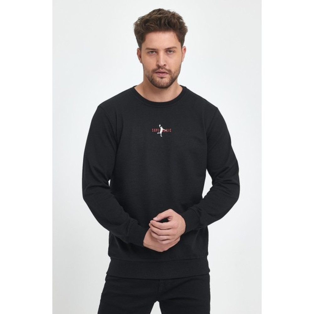 Comeor Erkek Siyah Bisiklet Nakış Detaylı Regular Fit Sweatshirt Erkek Sweatshirt Fiyatı