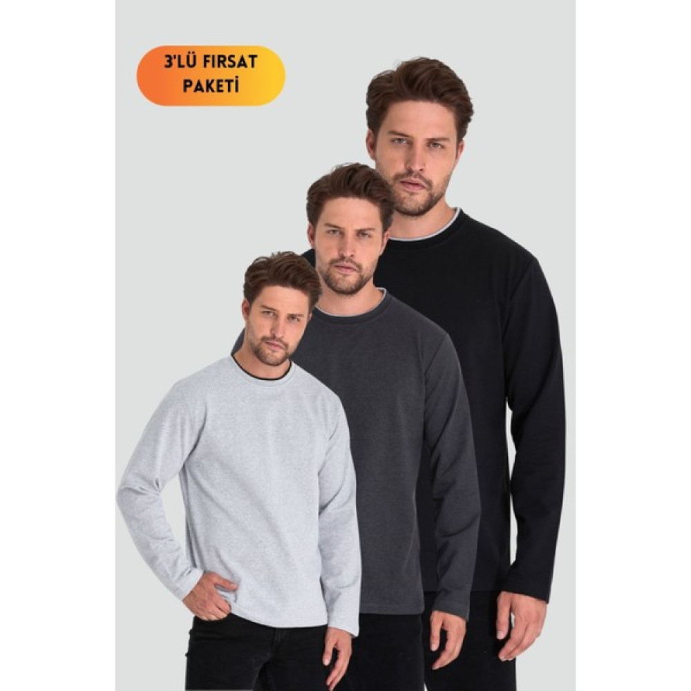Comeor Siyah-Gri-Antrasit Erkek Çift Bisiklet Yaka Standart Rahat Kesim 3'lü Sweatshirt Erkek Sweatshirt Fiyatı
