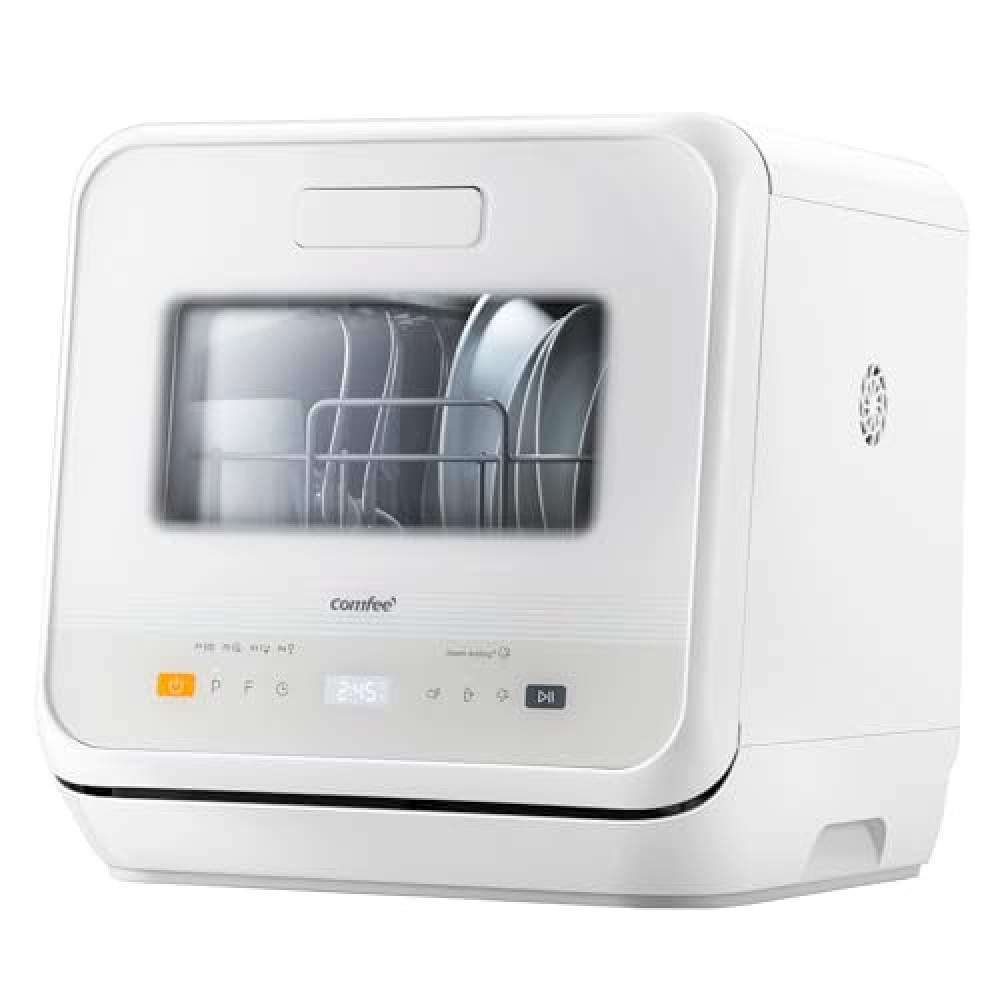 COMFEE' Mini Dishwasher CDWMT201DW-UK Small Table Top Countertop Dishwasher with Built-in 5L Water Tank, Steam Wash, Ventilated Storage, Energy Class D - White