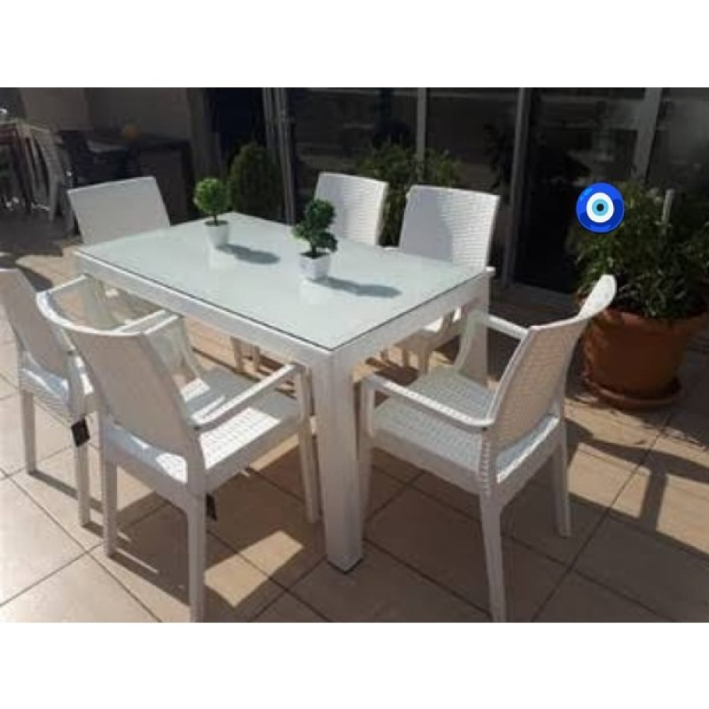 Comfort Begonya Rattan 6 Kişilik Mutfak Balkon Bahçe Masa Takımı 90x150 Masa 6 Adet Rattan Koltuk Beyaz (White) Bahçe Mobilyası Takımı Fiyatı