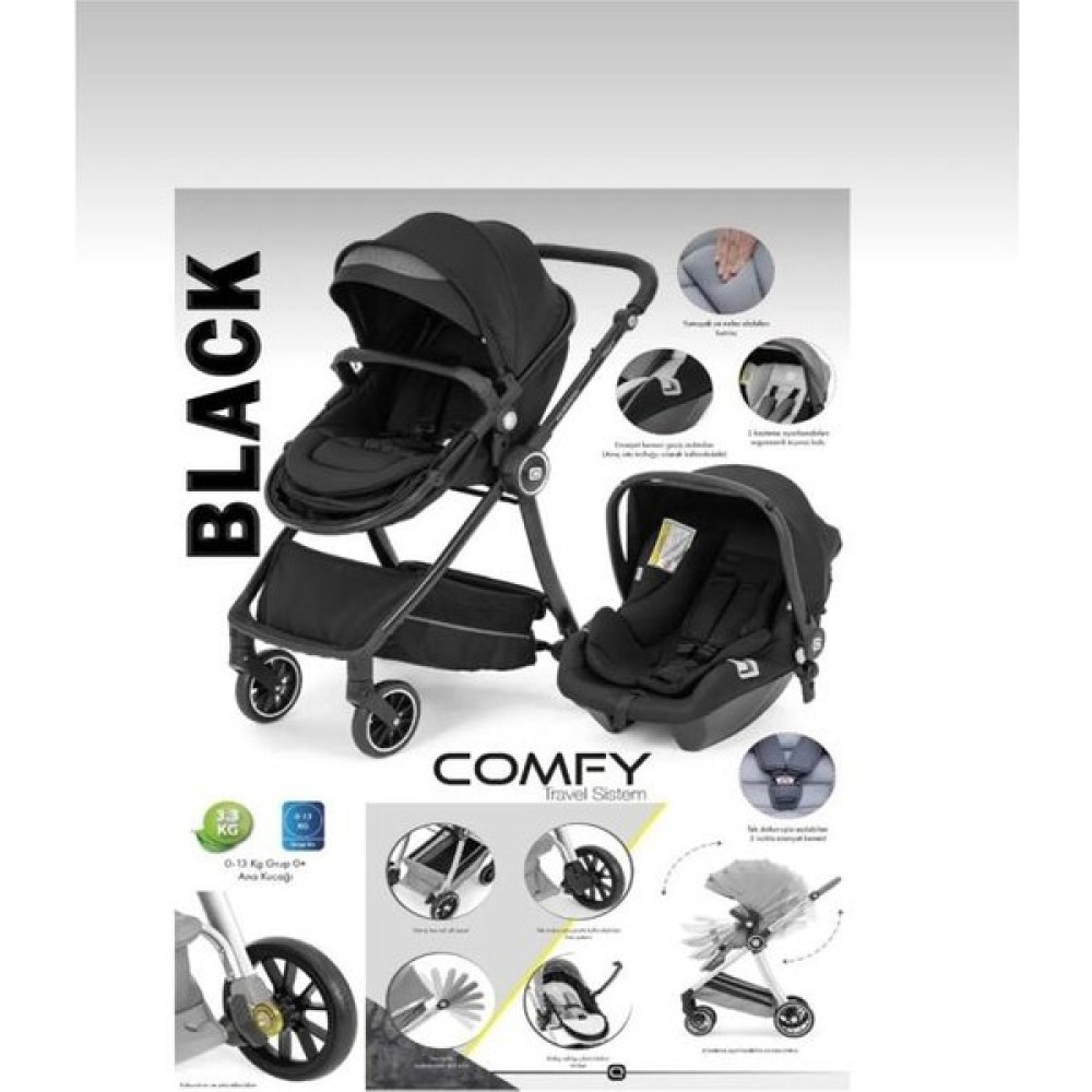 Comfy Luxury Süspansiyonlu Travel Sistem Bebek Arabası Oto Koltuklu Taşıma Puset - Dark Black Bebek Arabası-Puset Aksesuarları Fiyatı