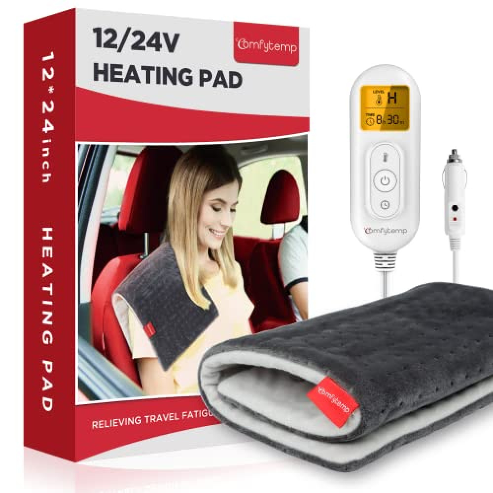 Comfytemp 12V/24V Car Electric Blanket for Back Pain Relief, 4 Heat Setting, 11 Auto-Off, Portable Mini Travel Blanket for Back Pain, Shoulders and Cramps Relief, 12x 24 Washable