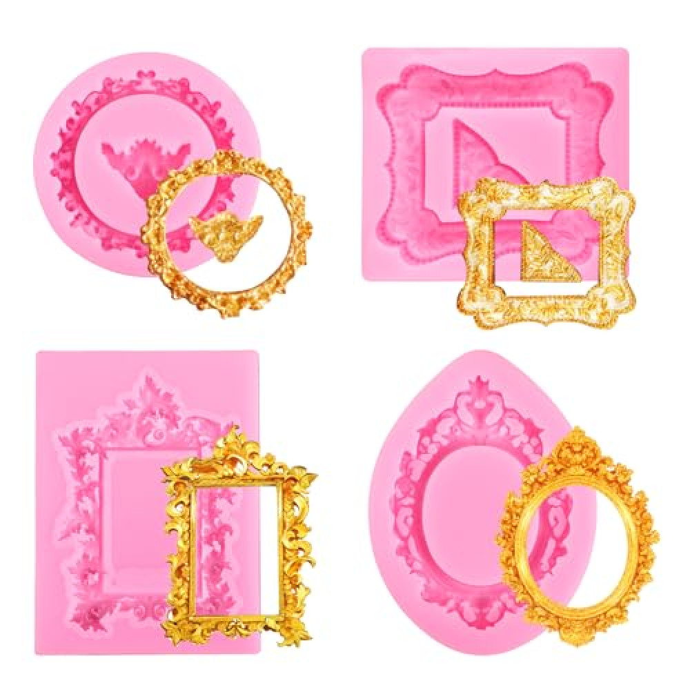 COMNICO Photo Frame Fondant Mold, 4Pcs Picture Frames Silicone Molds Pink Vintage Frame Molds Baroque Style Polymer Clay Decorating Tools for Cake Decorating Cupcake Topper Chocolate Candy