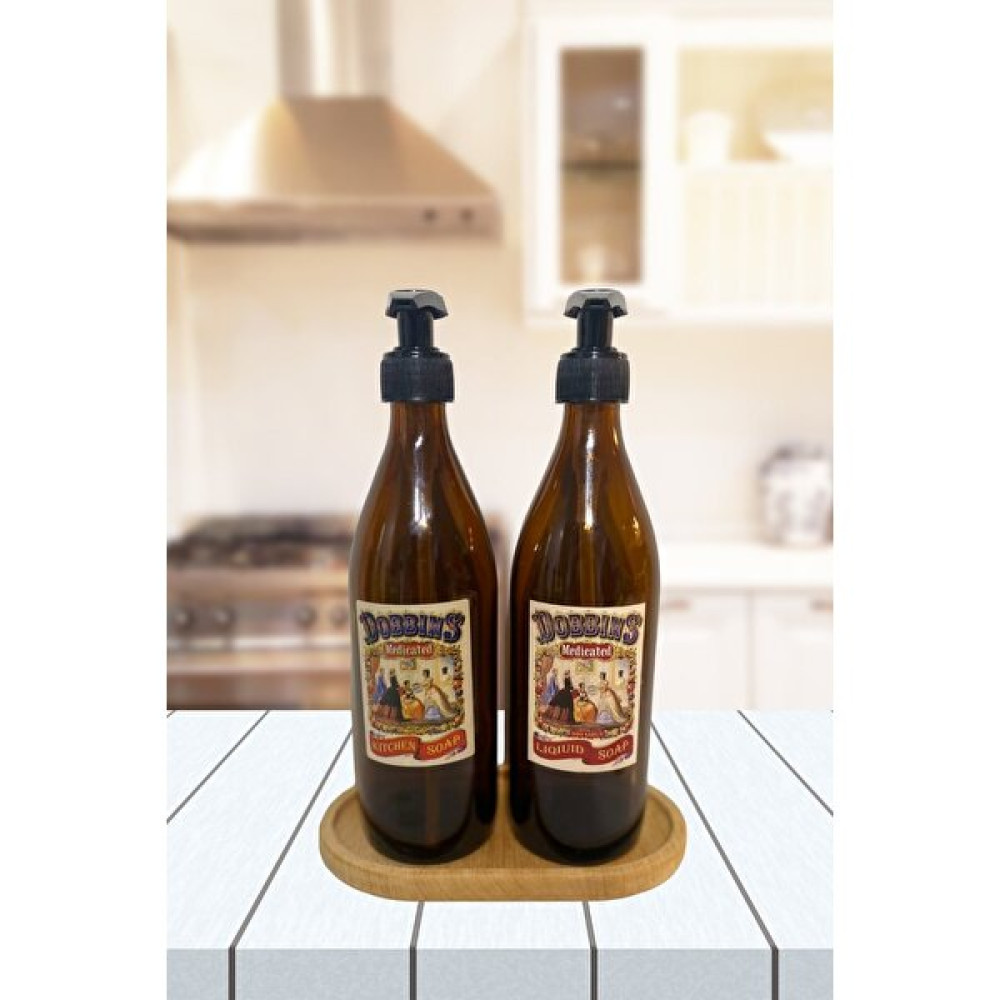 Comprox Standlı 2'li Amber Cam Sıvı Sabunluk Bulaşık Deterjanı Şişesi Sabunluk 500ML Oval Ahşap Standlı - Açık Kahverengi Sabunluk Fiyatı