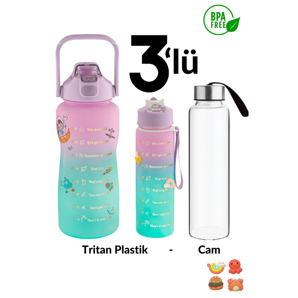 Comprox Su Matarası 3lü Su Şişesi Motivasyonlu 2 Litre Su Matarası 750 ml 300 ml Yavrulu Sporcu Matarası Matara Fiyatı