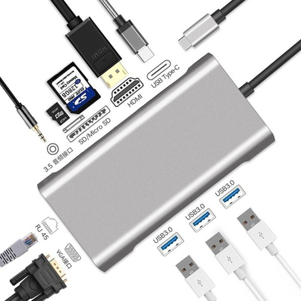 Comse 10 In 1 Type-C To VGA HDMI USB C Ethernet Aux Kart Okuyucu Macbook Uyumlu USB Hub Adaptör - Gri Bilgisayar Çevirici ve Adaptörü Fiyatı