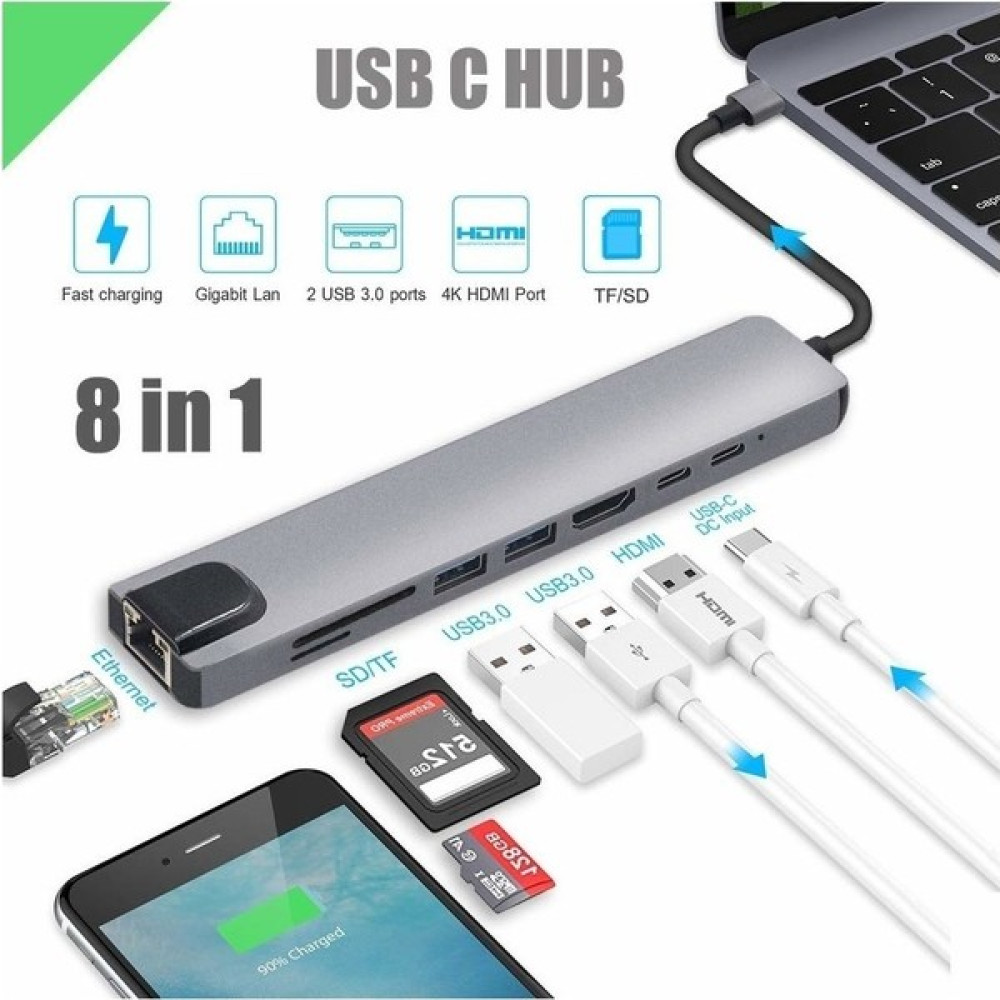 Comse Macbook Pro Air Uyumlu USB Type-C Hub Dönüştürücü Çevirici Çoklayıcı USB Hdmı Micro Sd 8 Girişli - Gri Bilgisayar Çevirici ve Adaptörü Fiyatı