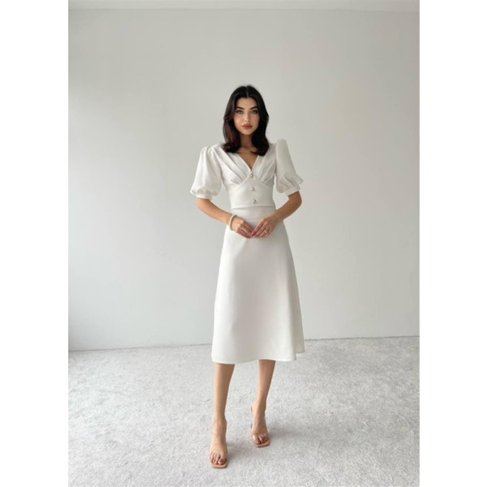 Concon Moda Beyaz Linda Önü Düğmeli Midi Elbise Elbise Fiyatı