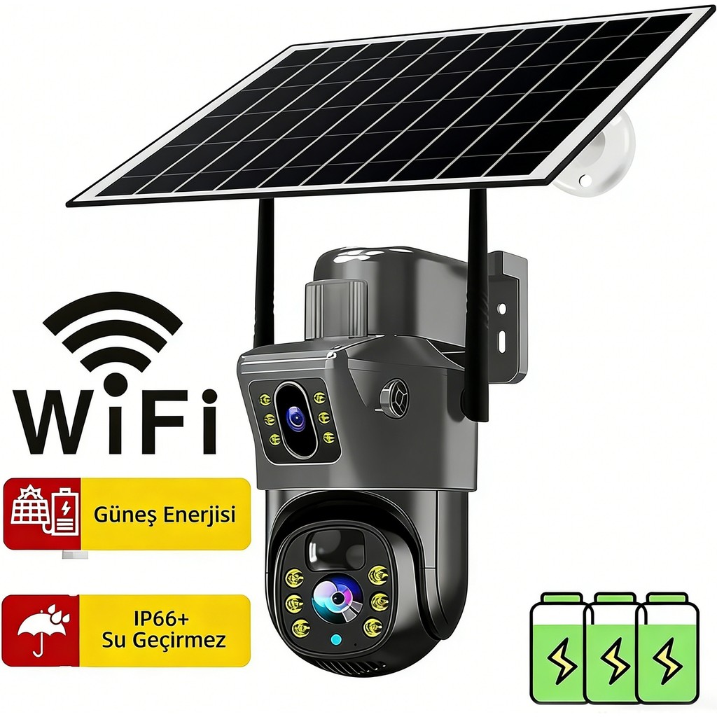 Conio 6mp Wifi Solar Çift Lens Ptz Kamera: 360° Dönebilen Panoramik, 7/24 Kayıt, Hareket Sensörlü Sesli ve Işıklı Alarm (Kırmızı+Mavi), Gece Görüş,... Diğer Fiyatı