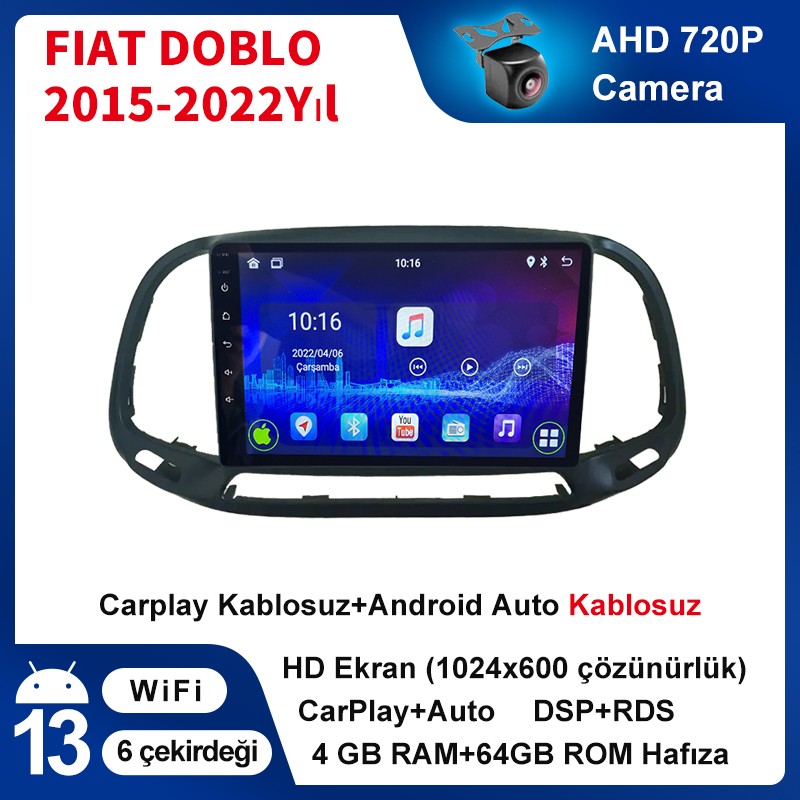 Conio Fiat Doblo (2015-2022 Yıl) Uyumlu 4GB Ram 64GB Rom Android Multimedya Sürüm 13 Kablosuz Carplay Navigasyon 9 Inç Ekran - Siyah RAM Bellekler Fiyatı