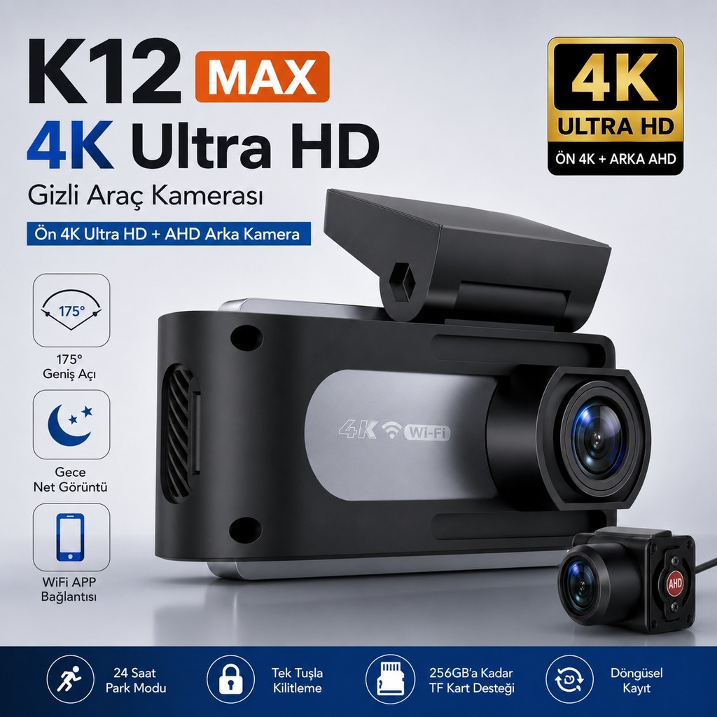 Conio K12 Max 4K Araç Içi Kamera – Ön 4K + Arka Hd Kayıt, Wifi Destekli, Gece Görüşlü, 24 Saat Park Modlu Gizli Araç Kamerası - Antara Füme Diğer Fiyatı