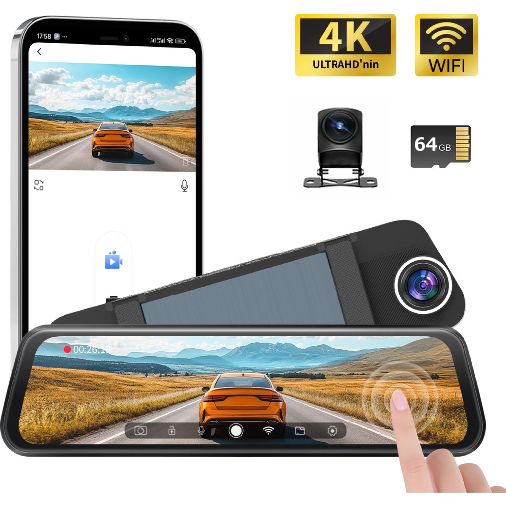 Conio PASENS Araç Dikiz Aynası Dvr – 4K Ultra Hd Ön + 1080P Arka Kamera, 10" IPS Dokunmatik Ekran, Wifi & App Kontrolü, Süper Gece Görüş, Bsd - Siyah Televizyonlar Fiyatı
