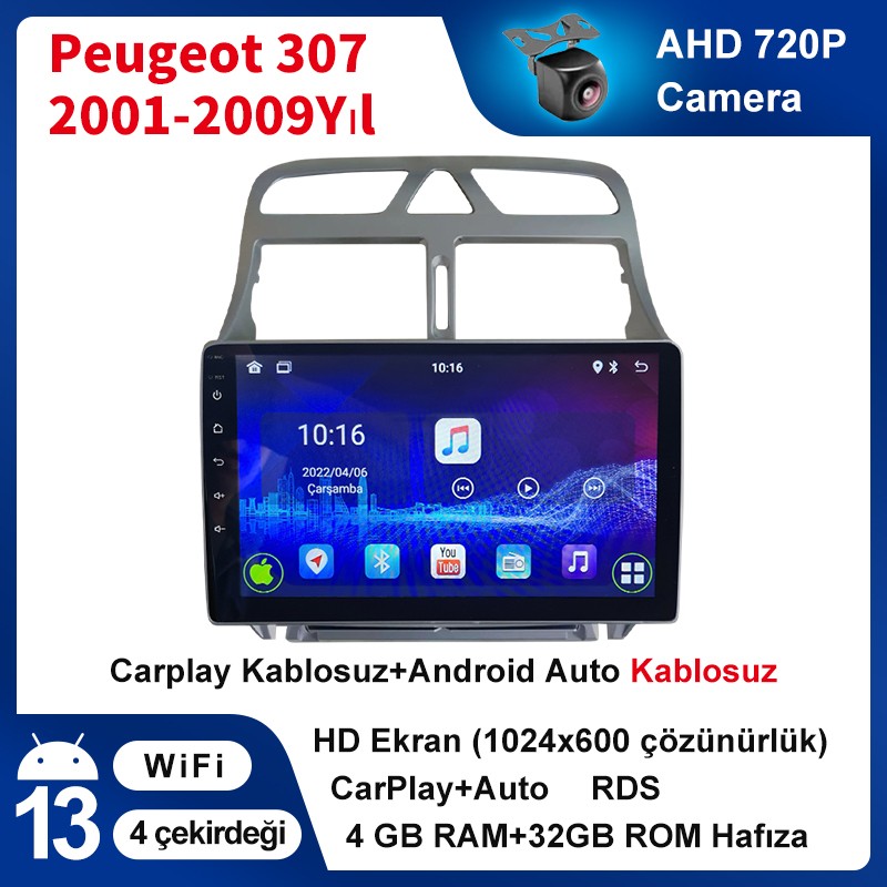 Conio Peugeot 307 2001-2008 Yıl Android Sürüm 13 Kablosuz Carplay Navigasyon Multimedya 9 Inç Ekran 4Gb Ram 32Gb Rom Hafıza RAM Bellekler Fiyatı