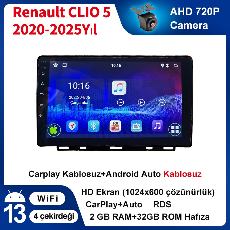 Conio Renault Clio 5 (2020-2024 yıl) 2GB Ram 32GB Rom Hafıza Android sürüm 14 Multimedya Kablosuz Carplay Navigasyon 9 inç Ekran RAM Bellekler Fiyatı