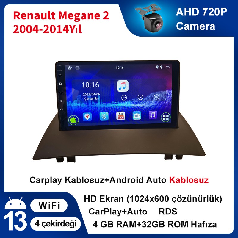 Conio Renault Megane 2 2004-2014 Yıl Uyumlu 9 Inç 4 GB Ram 32 GB Hafıza Multimedya Carplay Navigasyon - Siyah RAM Bellekler Fiyatı
