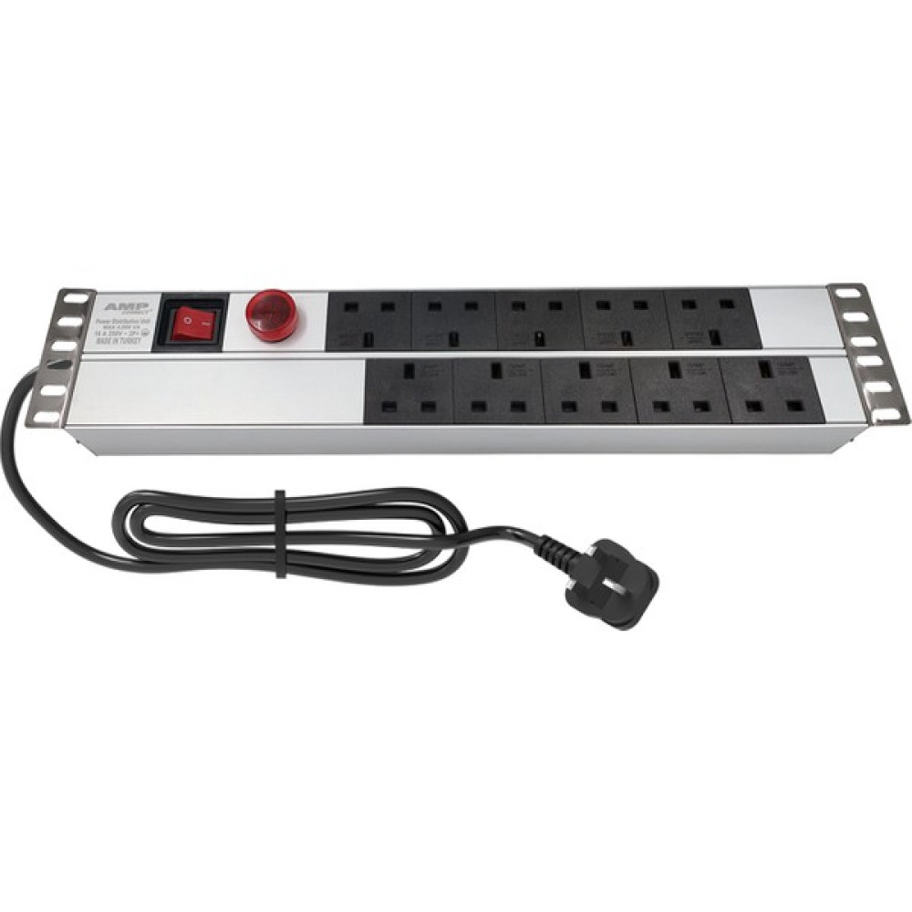 Connect 19″  2u  10  Way Brıtısh Type BS1363 Socket Wıth Current And Voltage Dısplay On / Off Lıghted Swıtch , 3x1,5 Mm² Nymhy Cable, BS1363 Plug Alumınıum Profıle Frame Pdu Oto Boyaları Fiyatı