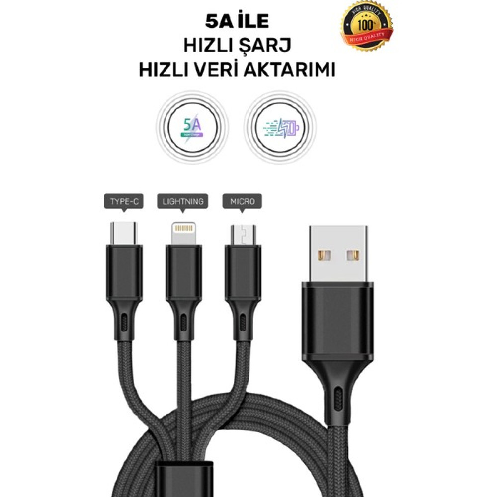 Conocer Huawei Xiaomi Samsung Iphone Uyumlu 5A Örgü Hasır Çoklu Şarj Kablosu Type-C Micro Lightning - Siyah Cep Telefonu Şarj Cihazı Fiyatı