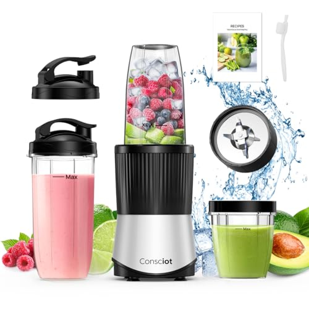 Consciot CB08 11-Piece Blender for Kitchen and Personal Size, Blend Shakes and Smoothies, Frozen Drinks, Baby Food, Spreads & More, 3 Portable To-Go Cups & 2 Spout Lids & 1 Solid Lid, 900 Peak Watts Kitchen Robots Fiyatı