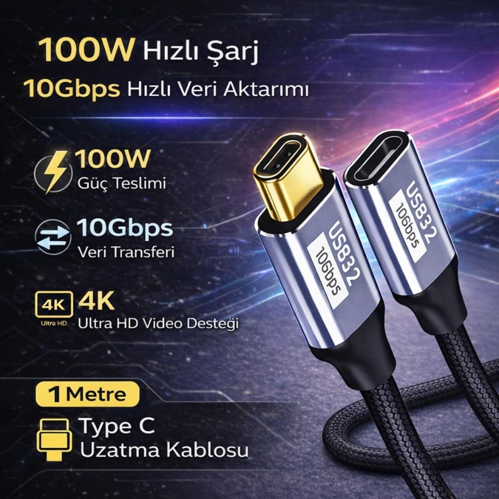 Coofbe Örgü Kablo 1mt Type-C Uzatma Kablosu 10GBPS Veri ve Görüntü Aktarım 5A Pd Hızlı Şarj Kablo - Siyah Bilgisayar Çevirici ve Adaptörü Fiyatı