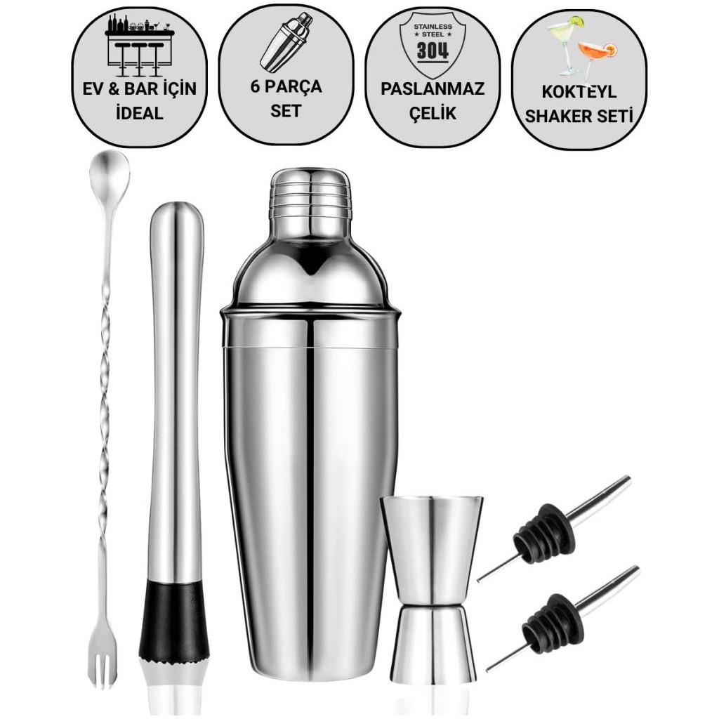 Coofbe Profesyonel Paslanmaz Çelik 750ML 6 Parça Kokteyl Seti Kokteyl Hazırlama Bar Shaker Seti - 1 Adet - 750 ml Diğer Fiyatı