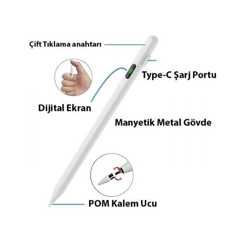 Coofbe Şarj Göstergeli Dokunmatik Tablet Kalemi Stylus Kalem Apple ve Android Ile Uyumlu Çizim Kalemi - Beyaz Tablet Aksesuarı Fiyatı