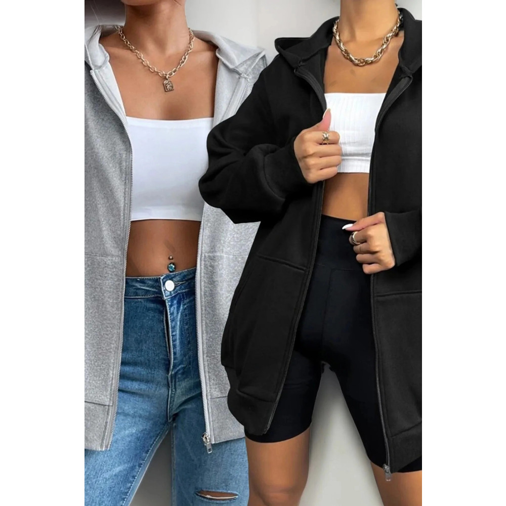 Cool Art 2li Düz Basic Gri Ve Siyah Kışlık Oversize Kapüşonlu Fermuarlı Cepli Hırka M Beden Kadın Hırka Fiyatı