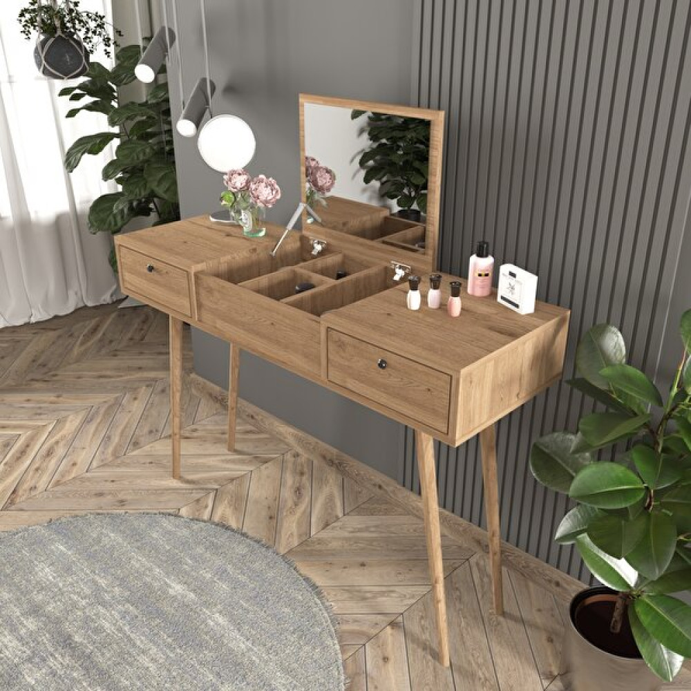 Cool Home Lal Makyaj Masası Çekmeceli Aynalı Takı Düzenleyici 120 cm Sepet - Beyaz - Meşe Dresuar / Makyaj Masası Fiyatı
