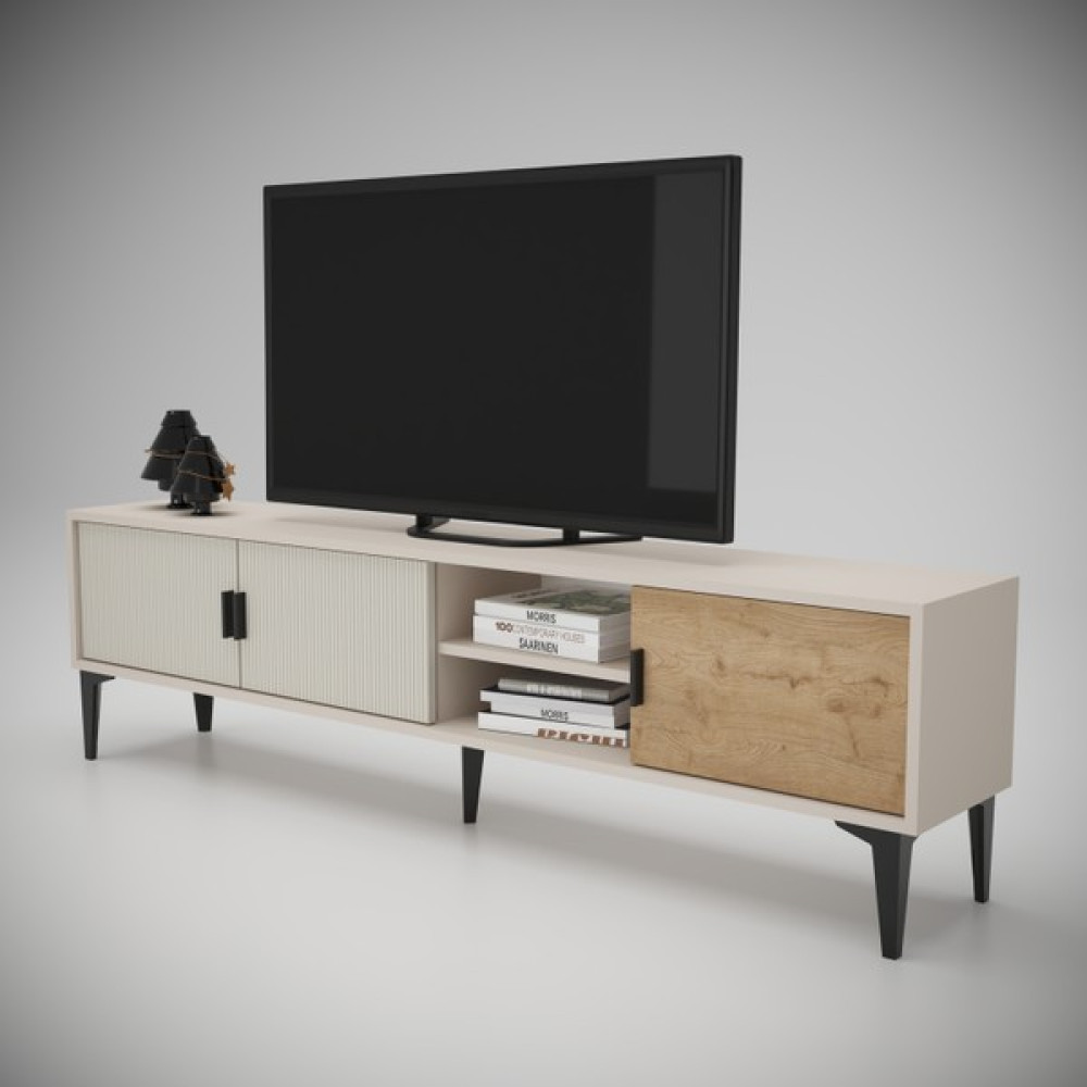 Cool Home Marin Tv Ünitesi Tv Sehpası 180 cm Çizgi Desenli , Raflı , Sis Gri - Krem Tv Ünitesi / Sehpası Fiyatı