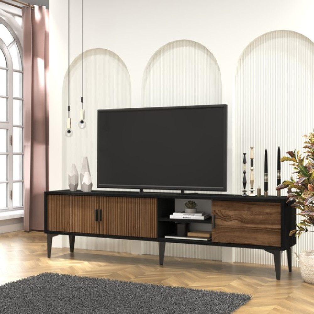Cool Home Marin Tv Ünitesi Tv Sehpası 180 cm Çizgi Desenli , Raflı , Siyah - Ceviz - Atlantik Çam - Siyah Tv Ünitesi / Sehpası Fiyatı