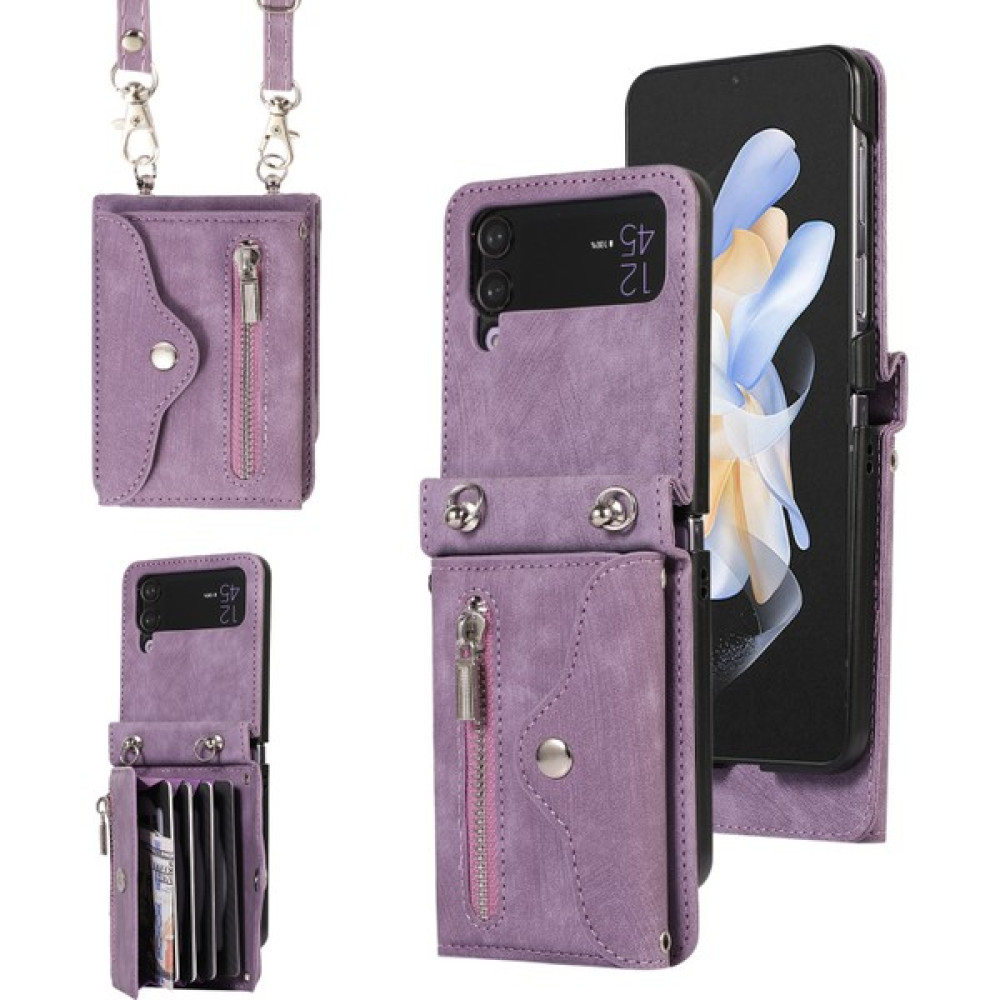Cool-M Samsung Galaxy Z Flip4 Kickstand Telefon Kılıfı 4 5g Rfıd Engelleme Kart Torbası Pu Deri+Tpu Kapak (Yurt Dışından) - Mor Cep Telefonu Kılıfı Fiyatı